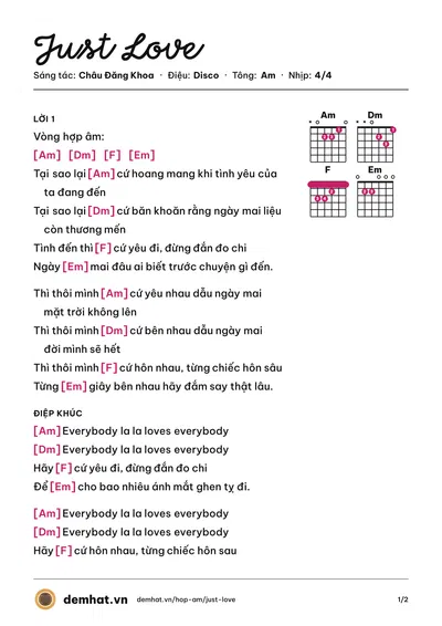 Hợp âm Just Love (Thu Minh) – bản nhạc PDF trang 1, tông Am