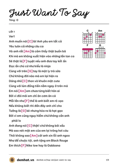 Hợp âm Just Want To Say (CEESON) – bản nhạc PDF trang 1, tông C