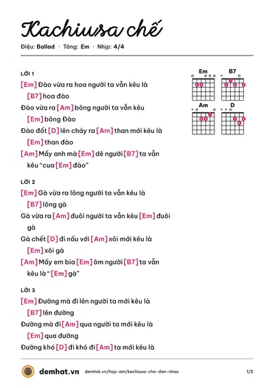 Hợp âm Kachiusa chế (Dân Nhậu) – bản nhạc PDF trang 1, tông Em