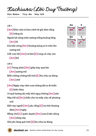 Hợp âm Kachiusa (Lời Duy Trường) (Quân Keyboard) – bản nhạc PDF trang 1, tông Am