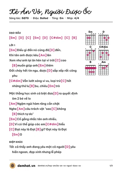 Hợp âm Kẻ Ăn Vỏ, Người Được Ốc (ĐẠTG) – bản nhạc PDF trang 1, tông Em