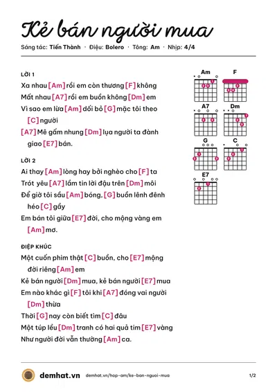 Hợp âm Kẻ bán người mua (Tiến Thành) – bản nhạc PDF trang 1, tông Am