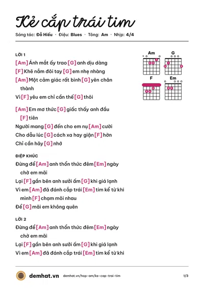 Hợp âm Kẻ cắp trái tim (UNI5) – bản nhạc PDF trang 1, tông Am