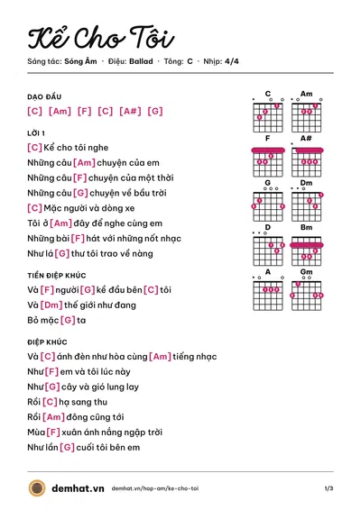Hợp âm Kể Cho Tôi (Sóng Âm) – bản nhạc PDF trang 1, tông C