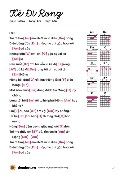Hợp âm Kẻ Đi Rong (Quang Lê) – bản nhạc PDF trang 1, tông Am
