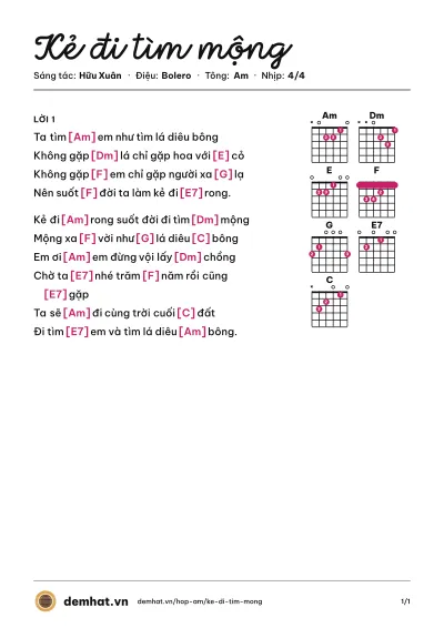 Hợp âm Kẻ đi tìm mộng (Quang Linh) – bản nhạc PDF trang 1, tông Am