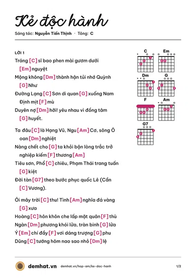 Hợp âm Kẻ độc hành (Quang Huyền) – bản nhạc PDF trang 1, tông C