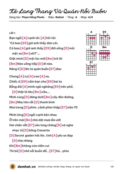 Hợp âm Kẻ Lang Thang Và Quán Nỗi Buồn (Phạm Hồng Phước) – bản nhạc PDF trang 1, tông A