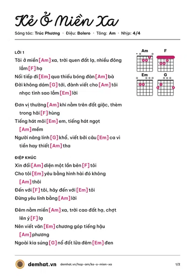 Hợp âm Kẻ Ở Miền Xa (Quang Lê) – bản nhạc PDF trang 1, tông Am