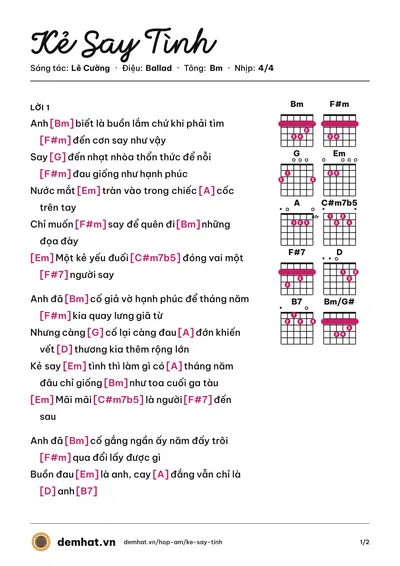 Hợp âm Kẻ Say Tình (Quốc Thiên) – bản nhạc PDF trang 1, tông Bm