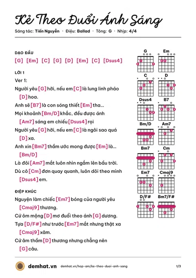 Hợp âm Kẻ Theo Đuổi Ánh Sáng (Huy Vạc) – bản nhạc PDF trang 1, tông G