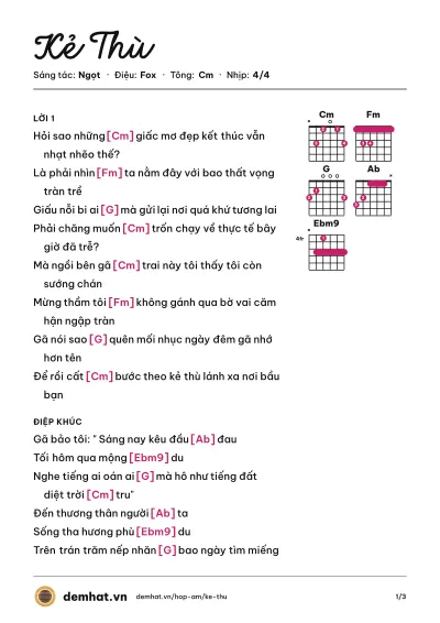 Hợp âm Kẻ Thù (Ban nhạc Ngọt) – bản nhạc PDF trang 1, tông Cm