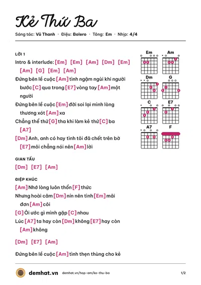 Hợp âm Kẻ Thứ Ba (Tố My) – bản nhạc PDF trang 1, tông Em