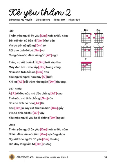Hợp âm Kẻ yêu thầm 2 (Mỹ Huyền) – bản nhạc PDF trang 1, tông Dm