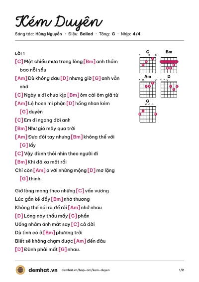 Hợp âm Kém Duyên (Rum) – bản nhạc PDF trang 1, tông G