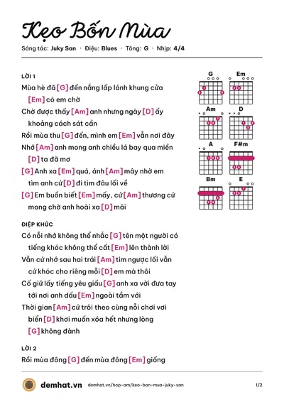 Hợp âm Kẹo Bốn Mùa (Juky San) – bản nhạc PDF trang 1, tông G