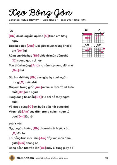 Hợp âm Kẹo Bông Gòn (H2K) – bản nhạc PDF trang 1, tông Dm
