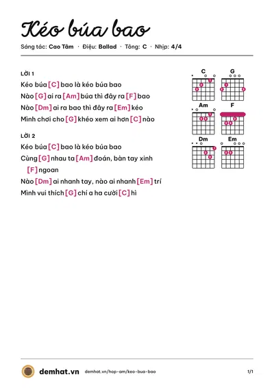 Hợp âm Kéo búa bao (Cao Tâm) – bản nhạc PDF trang 1, tông C