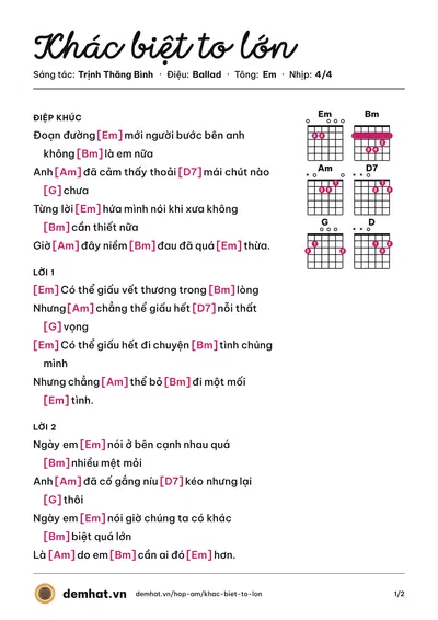 Hợp âm Khác biệt to lớn (Liz Kim Cương) – bản nhạc PDF trang 1, tông Em