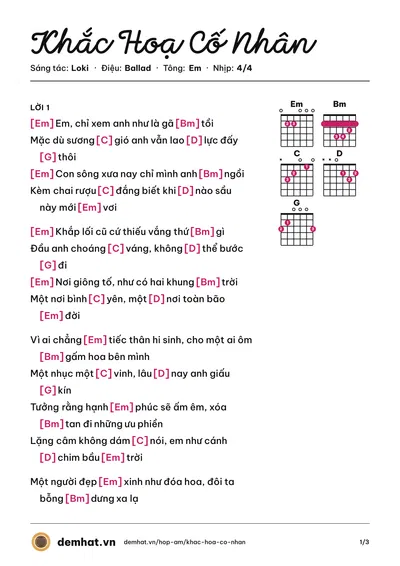 Hợp âm Khắc Hoạ Cố Nhân (Loki) – bản nhạc PDF trang 1, tông Em