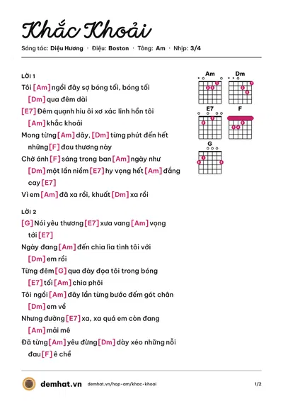 Hợp âm Khắc Khoải (Quang Dũng) – bản nhạc PDF trang 1, tông Am