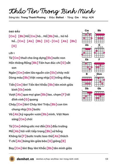 Hợp âm Khắc Tên Trong Bình Minh (Nam Anh) – bản nhạc PDF trang 1, tông Cm