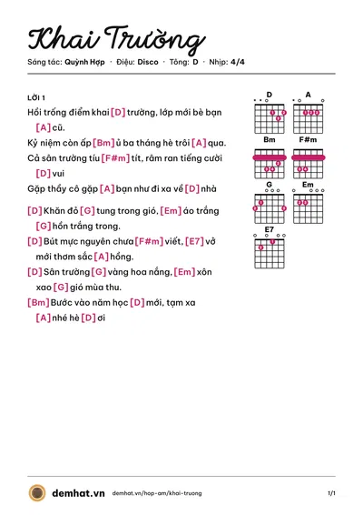 Hợp âm Khai Trường (Mây Trắng) – bản nhạc PDF trang 1, tông D