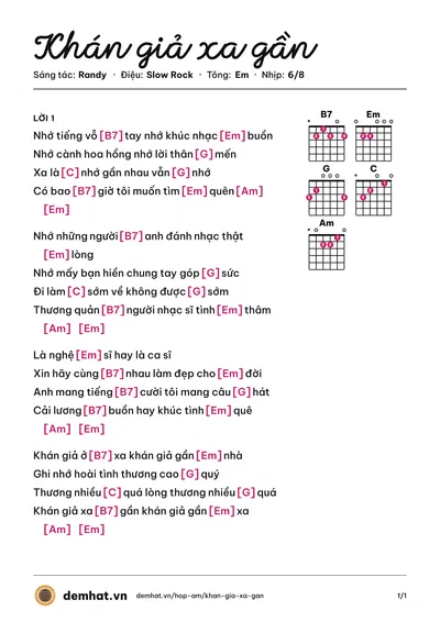 Hợp âm Khán giả xa gần (Randy) – bản nhạc PDF trang 1, tông Em