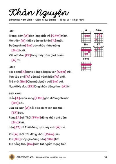 Hợp âm Khản Nguyện (Nam Vĩnh) – bản nhạc PDF trang 1, tông A