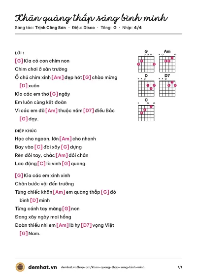 Hợp âm Khăn quàng thắp sáng bình minh (Hoàng Diễm) – bản nhạc PDF trang 1, tông G