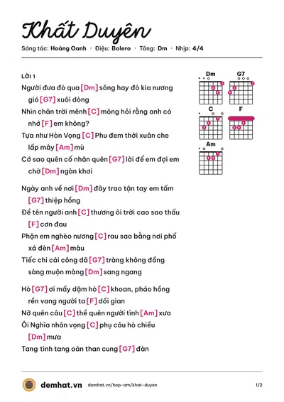 Hợp âm Khất Duyên (Hoàng Oanh) – bản nhạc PDF trang 1, tông Dm