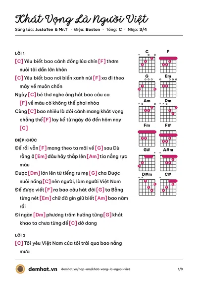 Hợp âm Khát Vọng Là Người Việt (Anh Trai Say Hi) – bản nhạc PDF trang 1, tông C