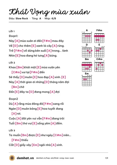 Hợp âm Khát Vọng mùa xuân (Quân Keyboard) – bản nhạc PDF trang 1, tông A