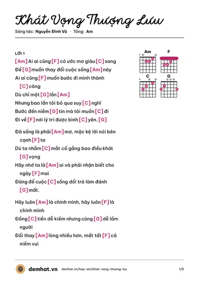 Hợp âm Khát Vọng Thượng Lưu (Thái Bảo) – bản nhạc PDF trang 1, tông Am