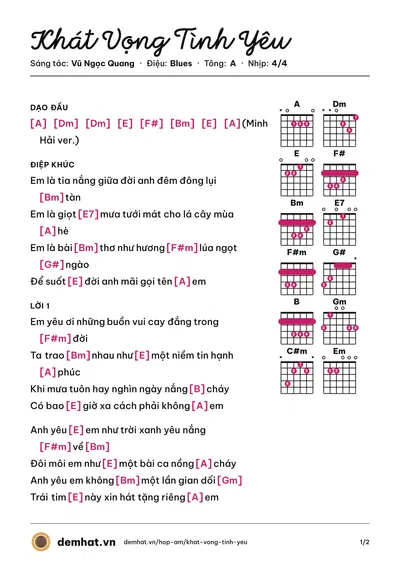 Hợp âm Khát Vọng Tình Yêu (Dung Hói) – bản nhạc PDF trang 1, tông A