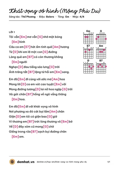 Hợp âm Khát vọng vô hình (Mộng Phù Du) (Thế Phương) – bản nhạc PDF trang 1, tông Em