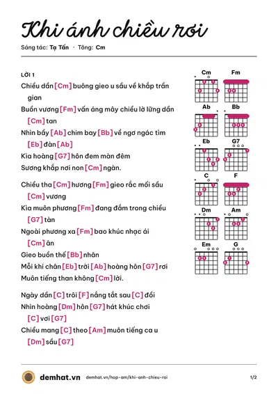 Hợp âm Khi ánh chiều rơi (Tạ Tấn) – bản nhạc PDF trang 1, tông Cm