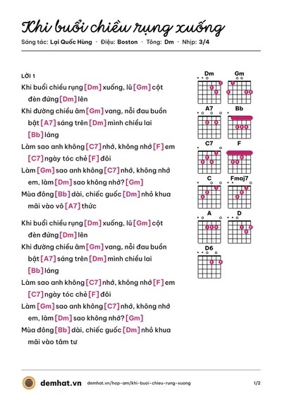 Hợp âm Khi buổi chiều rụng xuống (Thụy Long) – bản nhạc PDF trang 1, tông Dm