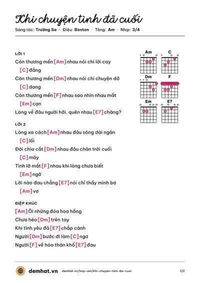 Hợp âm Khi chuyện tình đã cuối (Thùy Dương) – bản nhạc PDF trang 1, tông Am