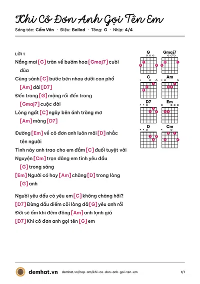 Hợp âm Khi Cô Đơn Anh Gọi Tên Em (Hoàng Bách) – bản nhạc PDF trang 1, tông G