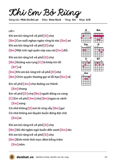 Hợp âm Khi Em Bỏ Rừng (Huy Tâm) – bản nhạc PDF trang 1, tông Em