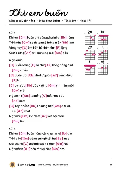 Hợp âm Khi em buồn (Doãn Hồng) – bản nhạc PDF trang 1, tông Dm