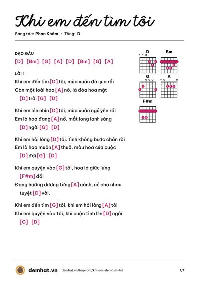 Hợp âm Khi em đến tìm tôi (Đông Nguyễn) – bản nhạc PDF trang 1, tông D