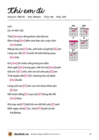 Hợp âm Khi em đi (Văn Vũ) – bản nhạc PDF trang 1, tông Am