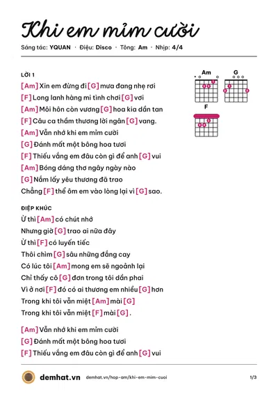 Hợp âm Khi em mỉm cười (YQUAN) – bản nhạc PDF trang 1, tông Am