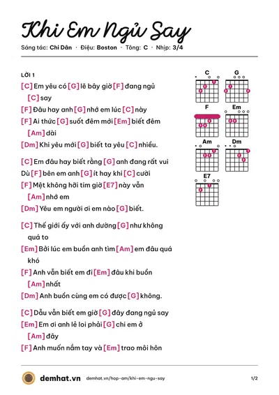 Hợp âm Khi Em Ngủ Say (Chi Dân) – bản nhạc PDF trang 1, tông C