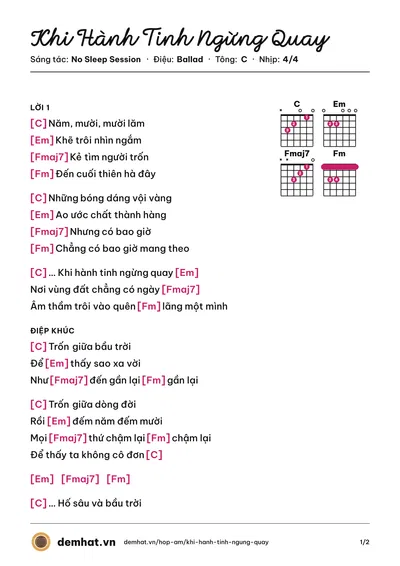 Hợp âm Khi Hành Tinh Ngừng Quay (No Sleep Session) – bản nhạc PDF trang 1, tông C