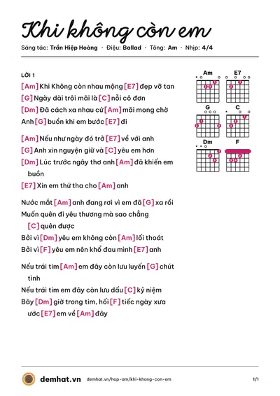 Hợp âm Khi không còn em (Lương Thế Vinh) – bản nhạc PDF trang 1, tông Am