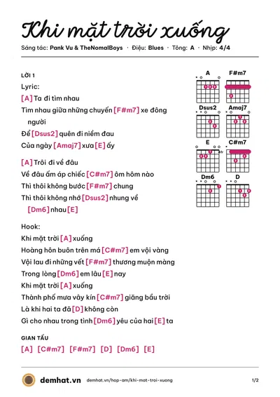 Hợp âm Khi mặt trời xuống (Pank Vu) – bản nhạc PDF trang 1, tông A