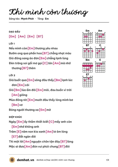 Hợp âm Khi mình còn thương (Phương Dung (trước 75)) – bản nhạc PDF trang 1, tông Em